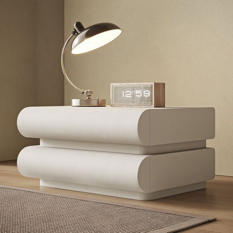 Contemporary Nordic Square Cube Solid Wood Leather Hardware Nightstand 2 - Drawer For Bedroom