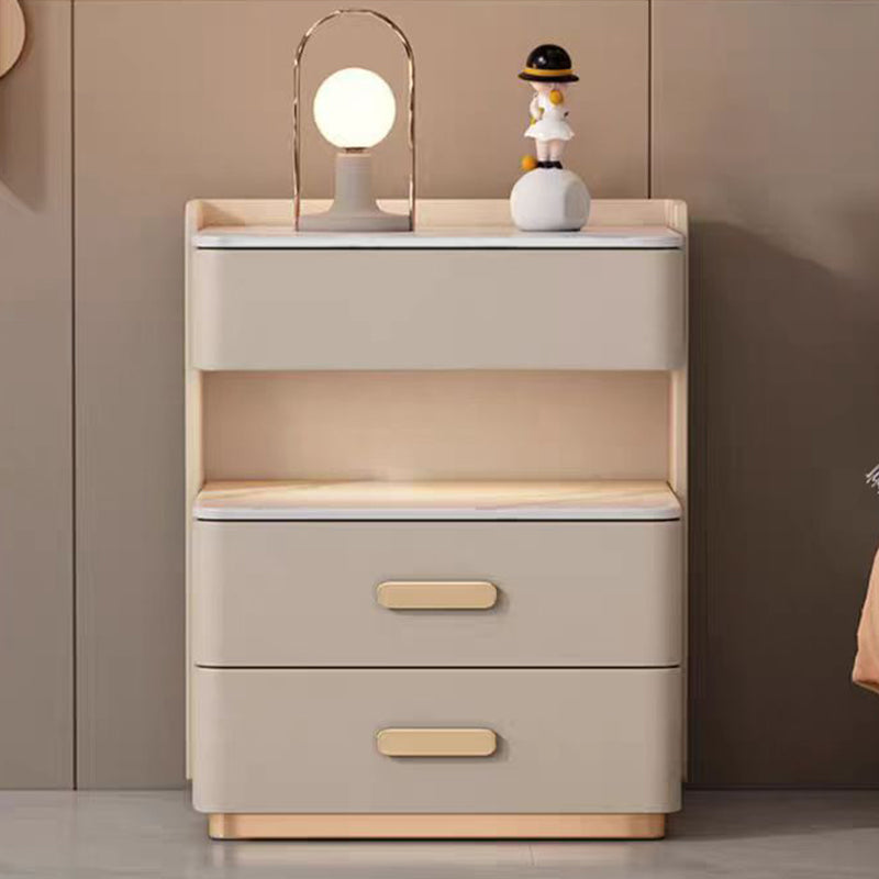 Contemporary Nordic Square Cube Solid Wood Leather Rock Board Sensor Light Safe Nightstand 3 - Drawer For Bedroom