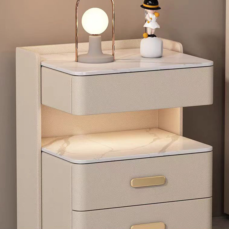Contemporary Nordic Square Cube Solid Wood Leather Rock Board Sensor Light Safe Nightstand 3 - Drawer For Bedroom