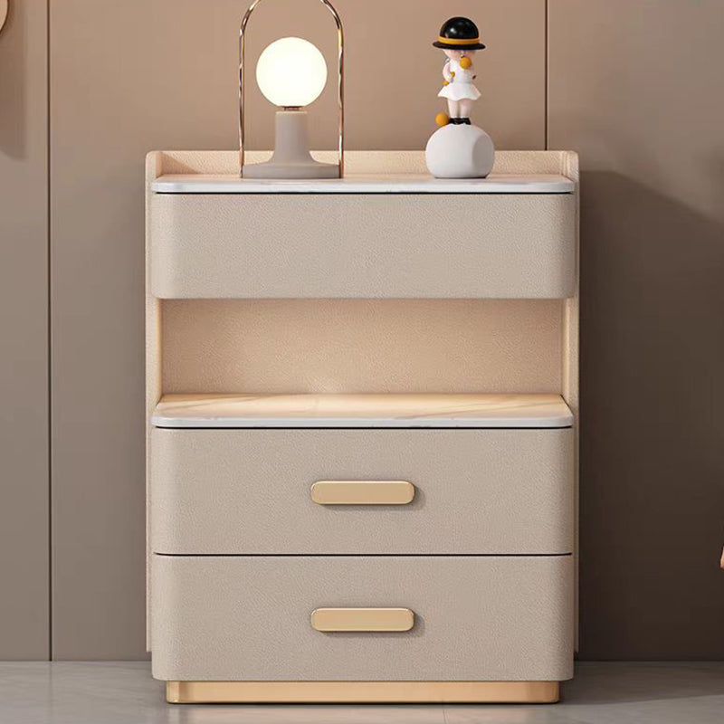 Contemporary Nordic Square Cube Solid Wood Leather Rock Board Sensor Light Safe Nightstand 3 - Drawer For Bedroom