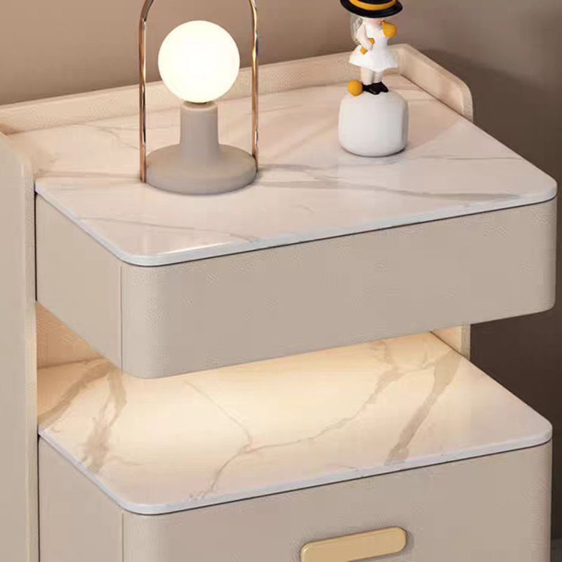 Contemporary Nordic Square Cube Solid Wood Leather Rock Board Sensor Light Safe Nightstand 3 - Drawer For Bedroom