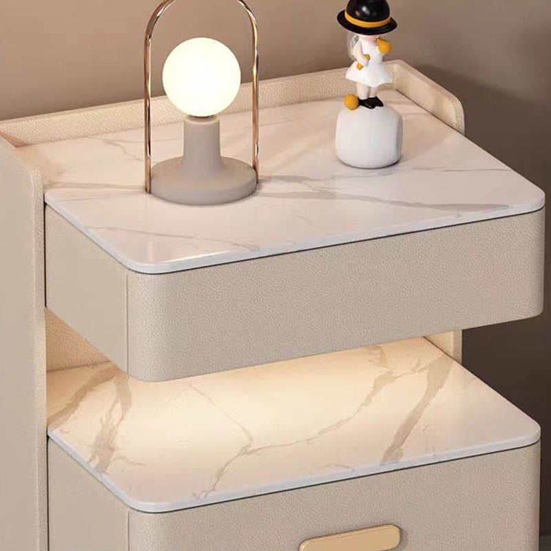Contemporary Nordic Square Cube Solid Wood Leather Rock Board Sensor Light Safe Nightstand 3 - Drawer For Bedroom