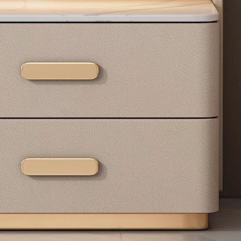 Contemporary Nordic Square Cube Solid Wood Leather Rock Board Sensor Light Safe Nightstand 3 - Drawer For Bedroom