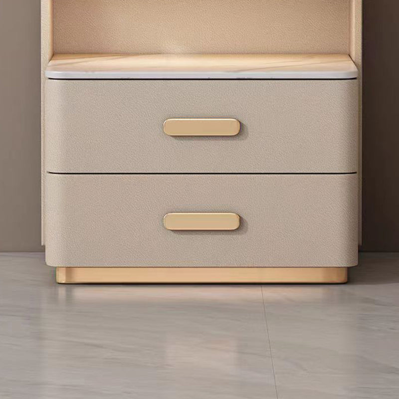 Contemporary Nordic Square Cube Solid Wood Leather Rock Board Sensor Light Safe Nightstand 3 - Drawer For Bedroom