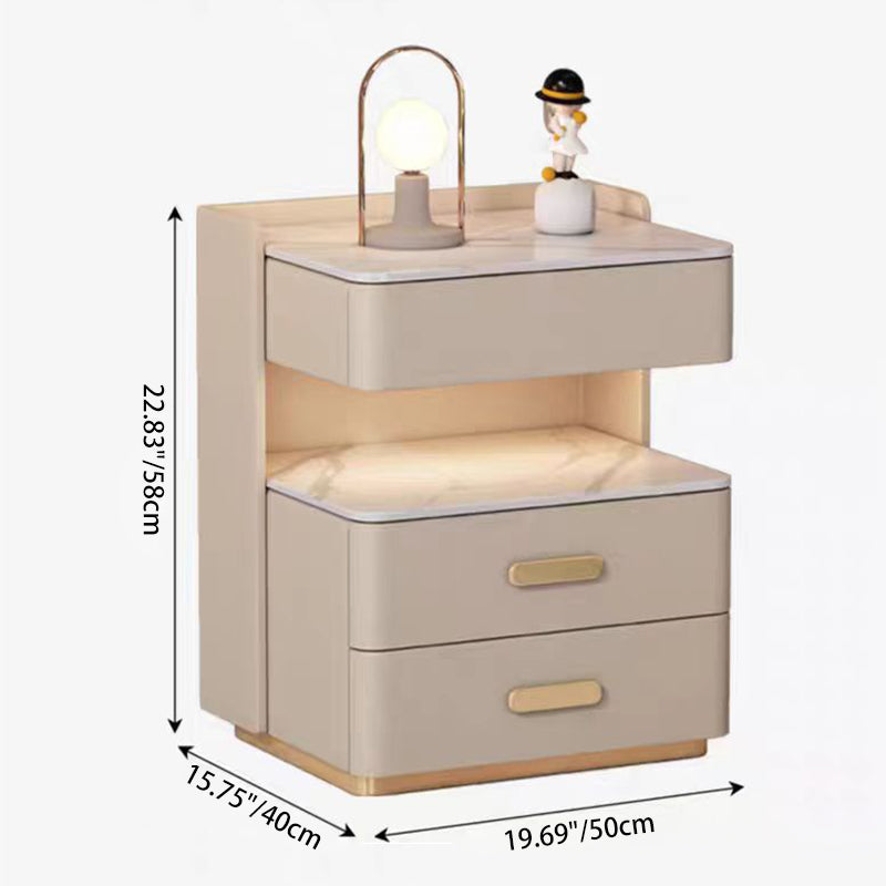 Contemporary Nordic Square Cube Solid Wood Leather Rock Board Sensor Light Safe Nightstand 3 - Drawer For Bedroom