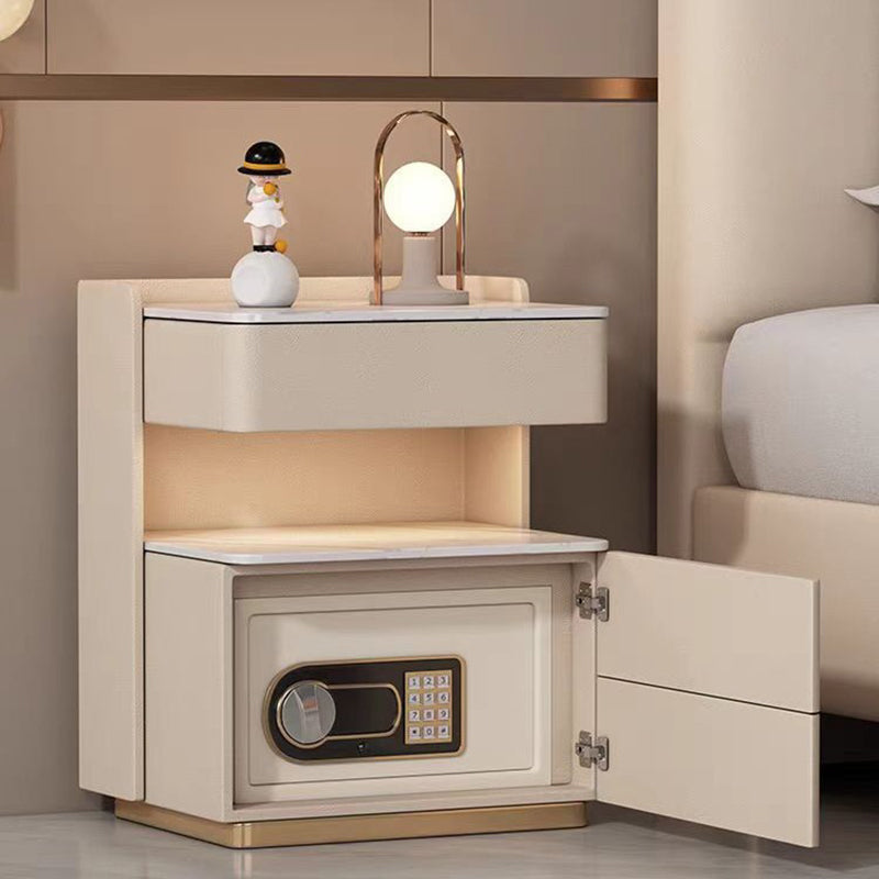 Contemporary Nordic Square Cube Solid Wood Leather Rock Board Sensor Light Safe Nightstand 3 - Drawer For Bedroom