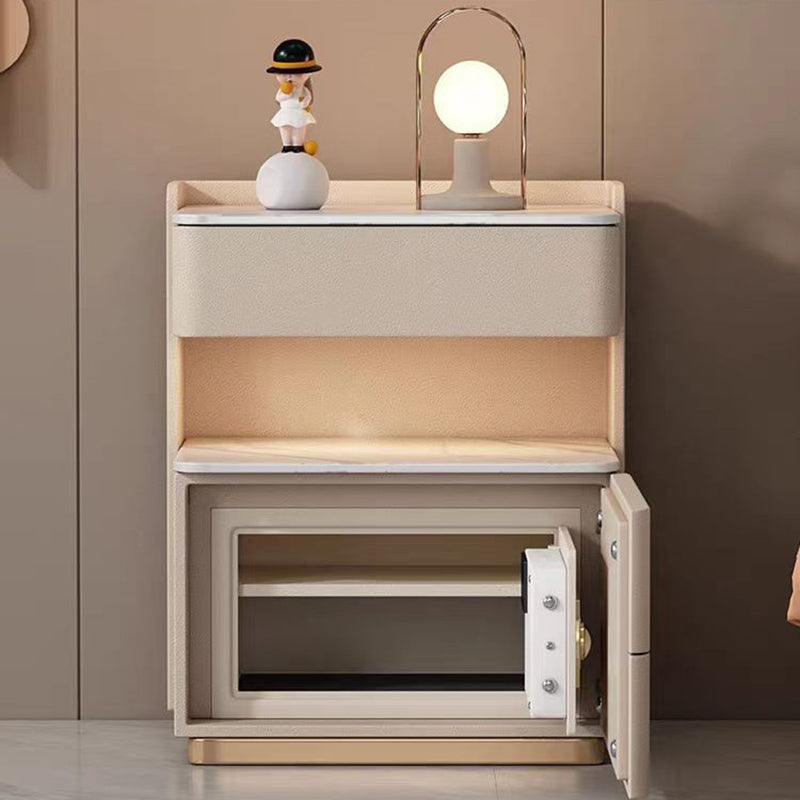 Contemporary Nordic Square Cube Solid Wood Leather Rock Board Sensor Light Safe Nightstand 3 - Drawer For Bedroom