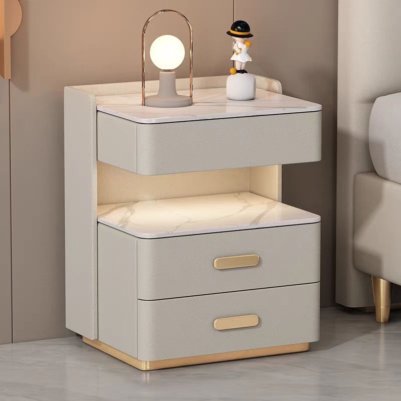 Contemporary Nordic Square Cube Solid Wood Leather Rock Board Sensor Light Safe Nightstand 3 - Drawer For Bedroom