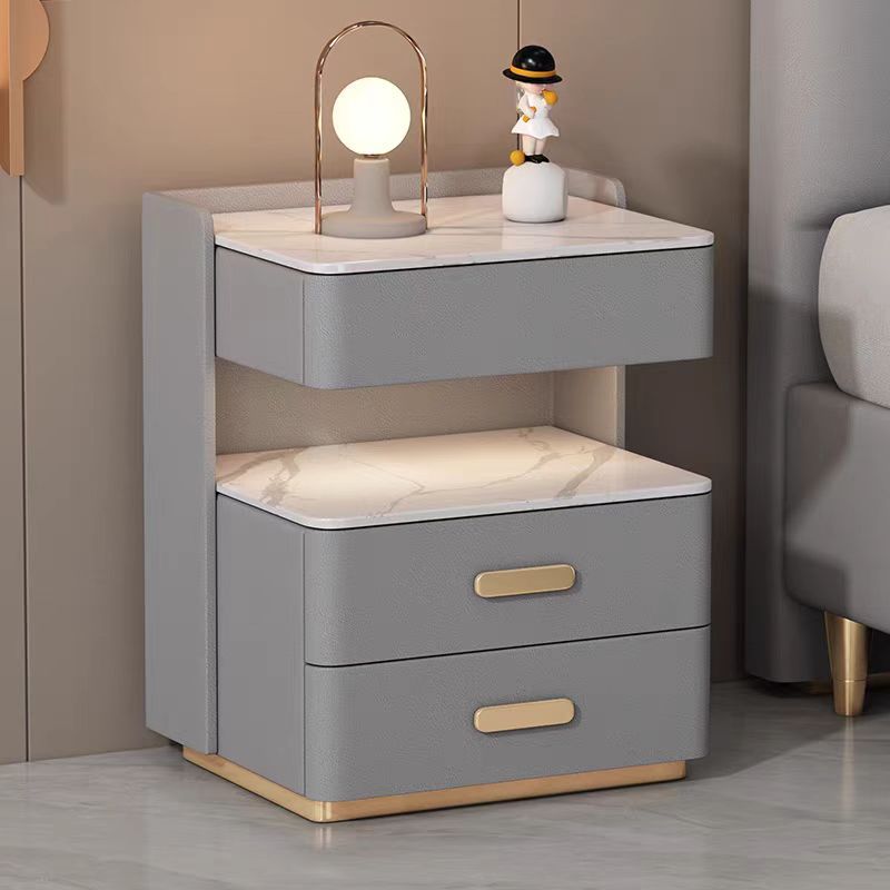 Contemporary Nordic Square Cube Solid Wood Leather Rock Board Sensor Light Safe Nightstand 3 - Drawer For Bedroom