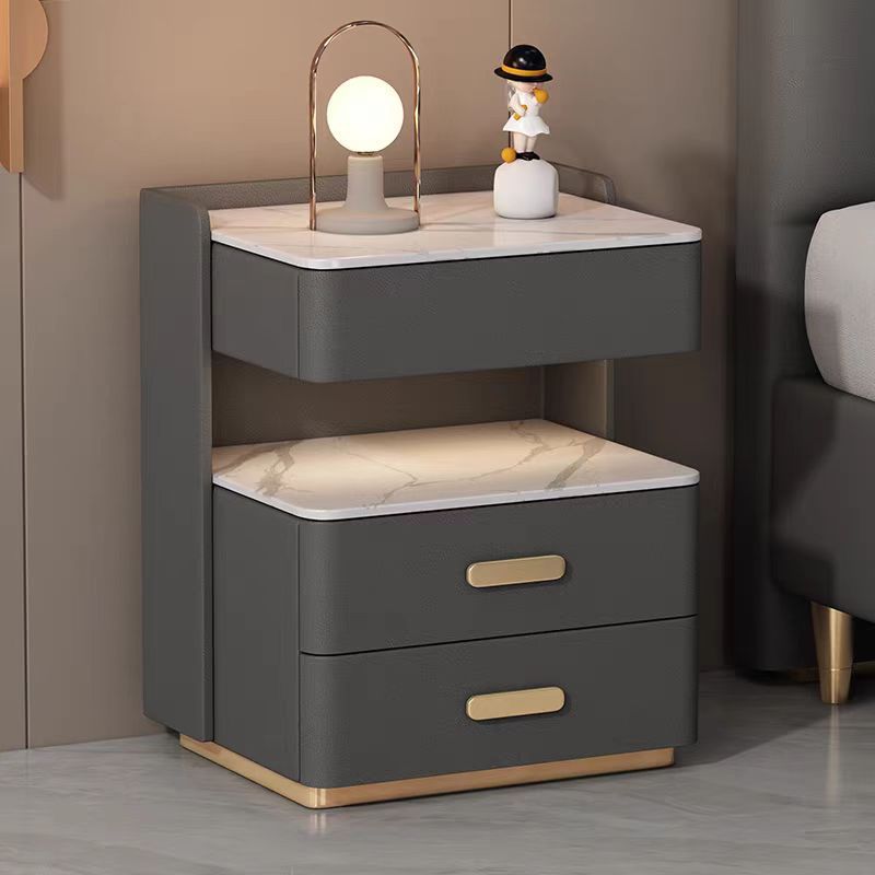 Contemporary Nordic Square Cube Solid Wood Leather Rock Board Sensor Light Safe Nightstand 3 - Drawer For Bedroom