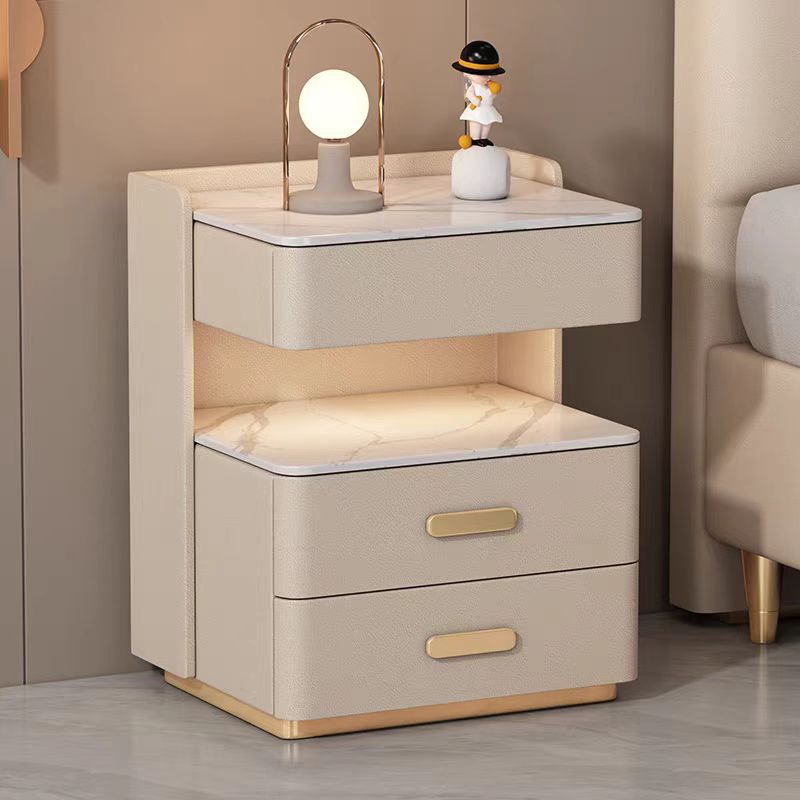 Contemporary Nordic Square Cube Solid Wood Leather Rock Board Sensor Light Safe Nightstand 3 - Drawer For Bedroom