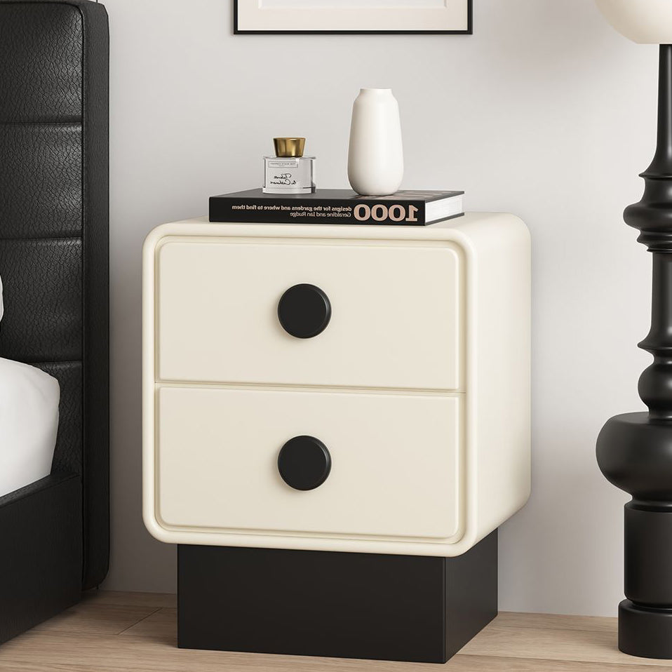 Contemporary Nordic Square Cube Solid Wood Multilayer Board Leather Nightstand 2 - Drawer For Bedroom