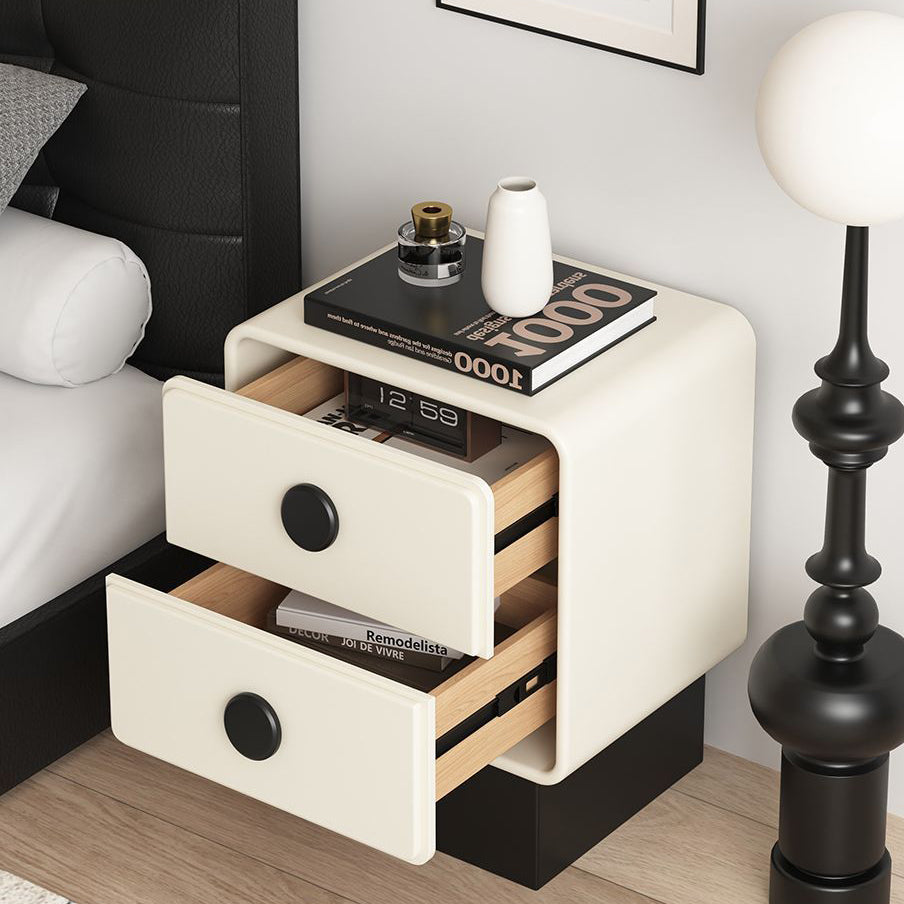 Contemporary Nordic Square Cube Solid Wood Multilayer Board Leather Nightstand 2 - Drawer For Bedroom