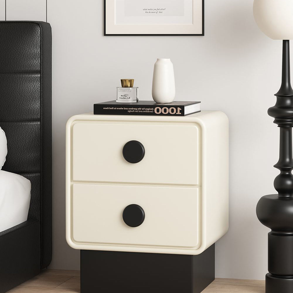 Contemporary Nordic Square Cube Solid Wood Multilayer Board Leather Nightstand 2 - Drawer For Bedroom