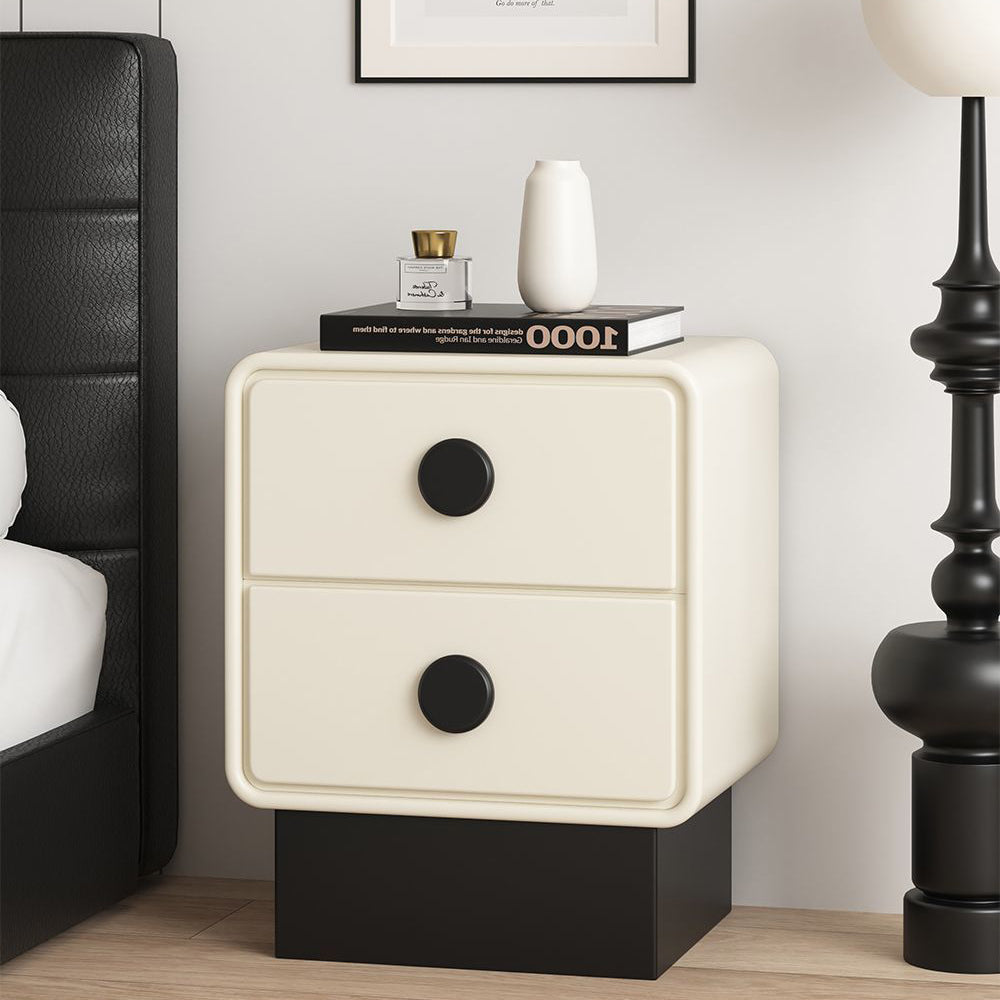 Contemporary Nordic Square Cube Solid Wood Multilayer Board Leather Nightstand 2 - Drawer For Bedroom