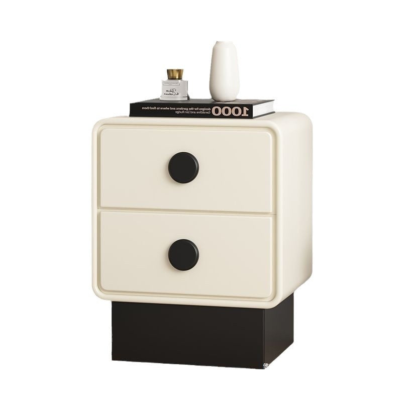 Contemporary Nordic Square Cube Solid Wood Multilayer Board Leather Nightstand 2 - Drawer For Bedroom
