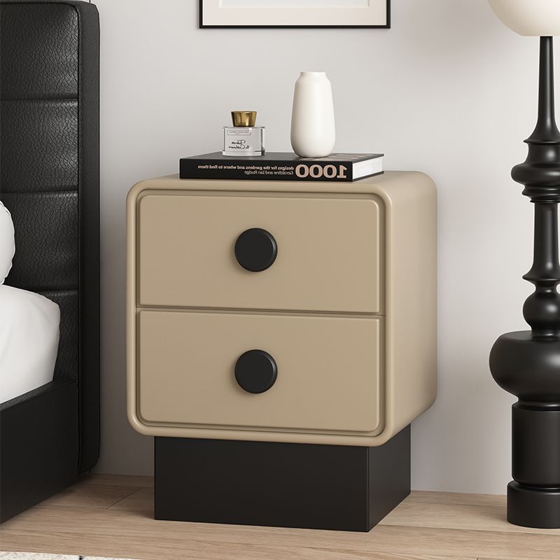 Contemporary Nordic Square Cube Solid Wood Multilayer Board Leather Nightstand 2 - Drawer For Bedroom