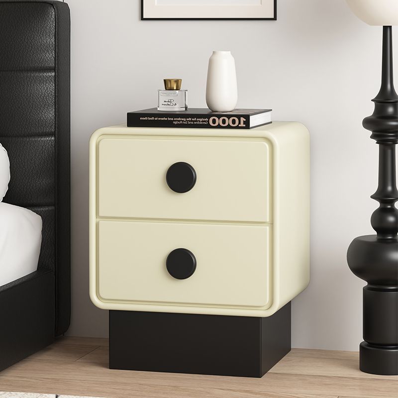 Contemporary Nordic Square Cube Solid Wood Multilayer Board Leather Nightstand 2 - Drawer For Bedroom