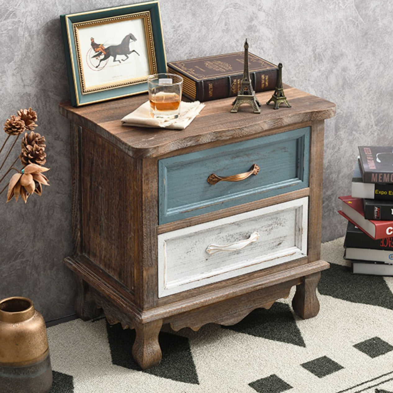 Traditional Vintage Square Cube Paulownia Wood Hardware Nightstand 2 - Drawer For Bedroom