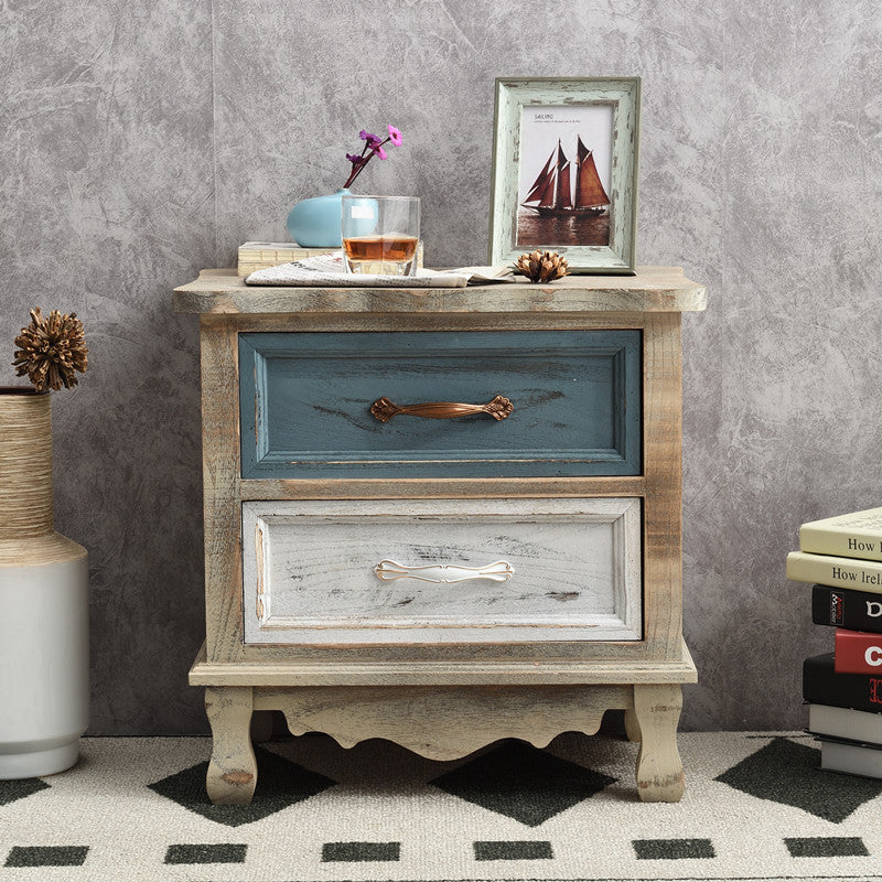 Traditional Vintage Square Cube Paulownia Wood Hardware Nightstand 2 - Drawer For Bedroom
