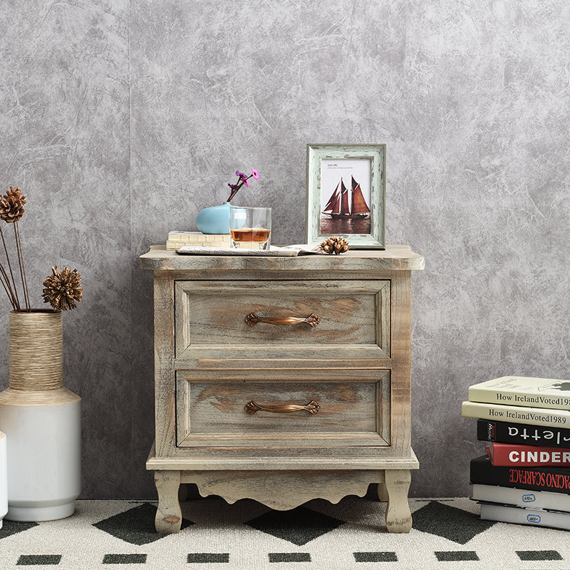 Traditional Vintage Square Cube Paulownia Wood Hardware Nightstand 2 - Drawer For Bedroom