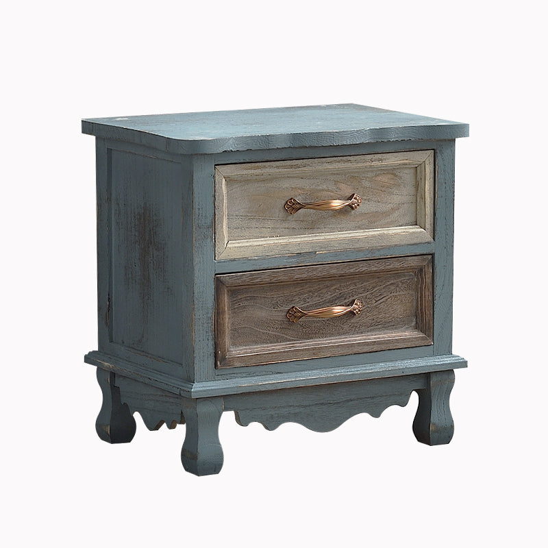 Traditional Vintage Square Cube Paulownia Wood Hardware Nightstand 2 - Drawer For Bedroom