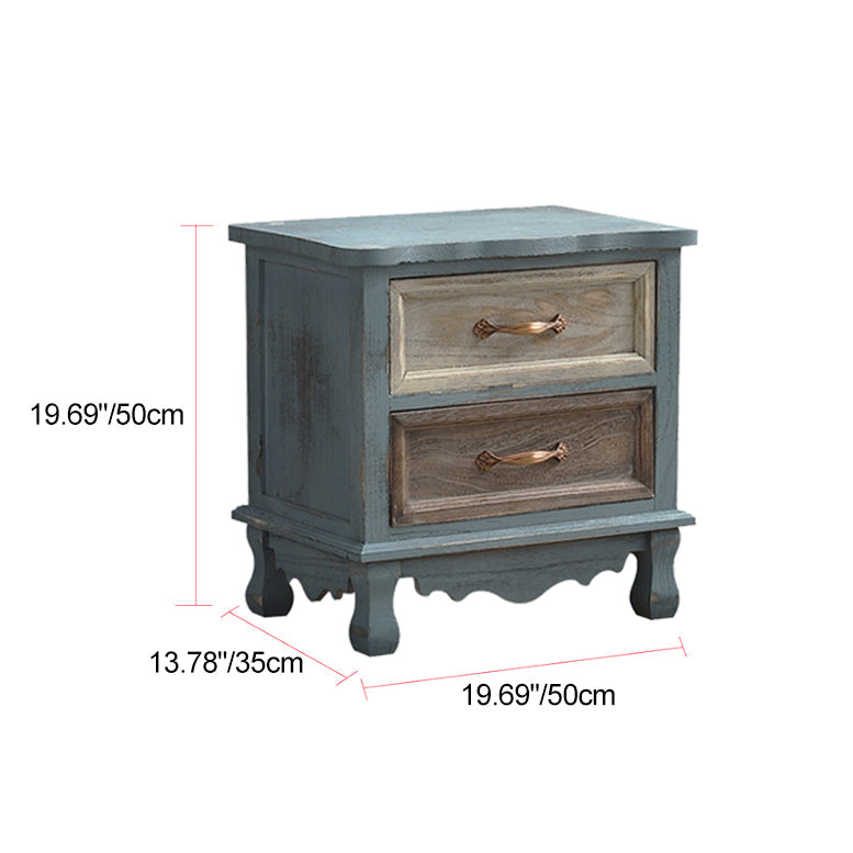 Traditional Vintage Square Cube Paulownia Wood Hardware Nightstand 2 - Drawer For Bedroom