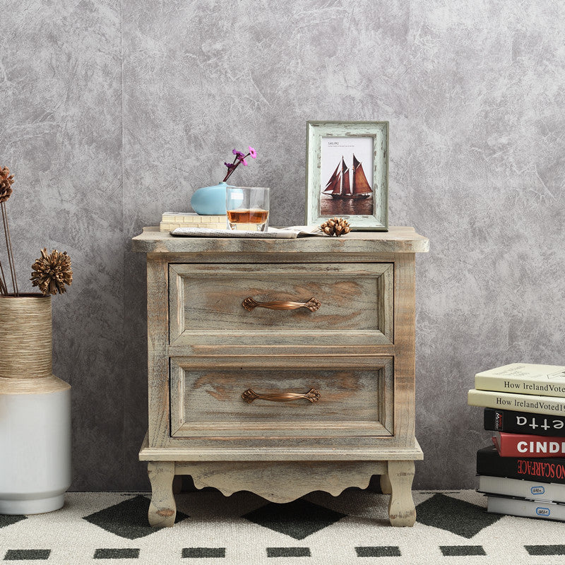 Traditional Vintage Square Cube Paulownia Wood Hardware Nightstand 2 - Drawer For Bedroom