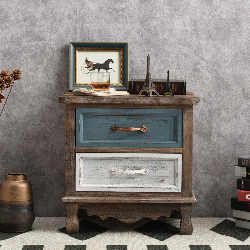 Traditional Vintage Square Cube Paulownia Wood Hardware Nightstand 2 - Drawer For Bedroom