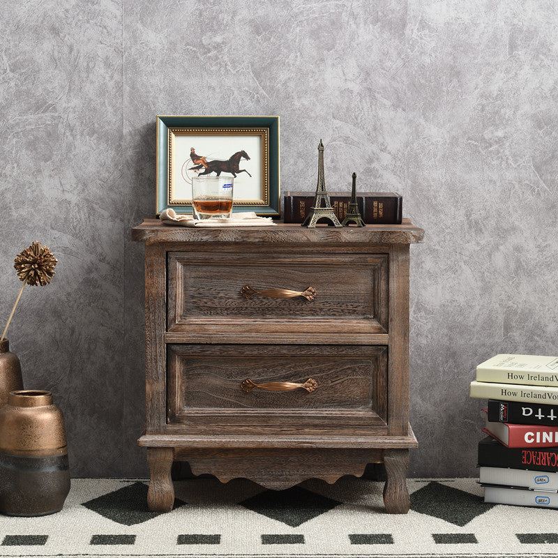 Traditional Vintage Square Cube Paulownia Wood Hardware Nightstand 2 - Drawer For Bedroom