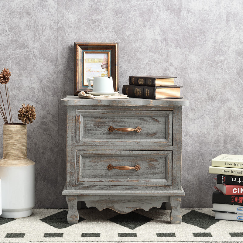 Traditional Vintage Square Cube Paulownia Wood Hardware Nightstand 2 - Drawer For Bedroom