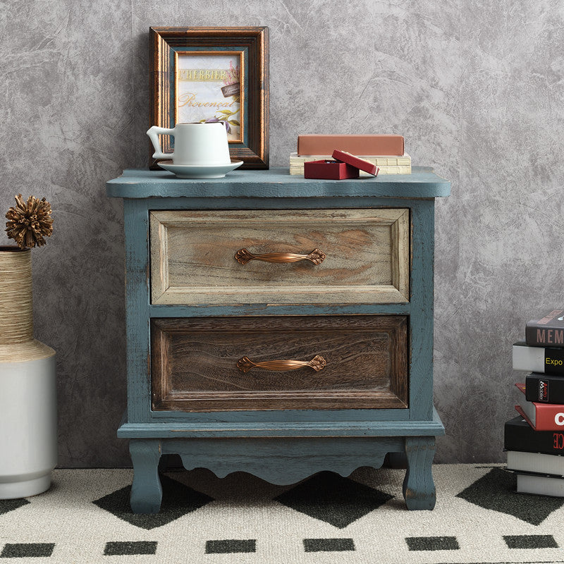 Traditional Vintage Square Cube Paulownia Wood Hardware Nightstand 2 - Drawer For Bedroom