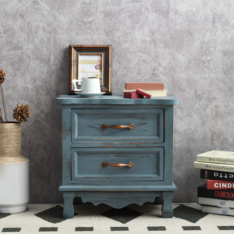 Traditional Vintage Square Cube Paulownia Wood Hardware Nightstand 2 - Drawer For Bedroom