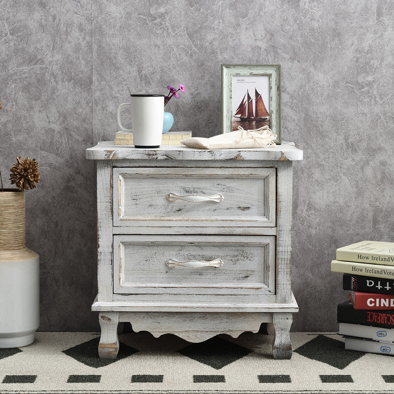 Traditional Vintage Square Cube Paulownia Wood Hardware Nightstand 2 - Drawer For Bedroom