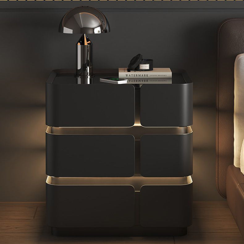 Contemporary Nordic Square Cube Sensor Light Wireless Charging Solid Wood Glass Microfiber Leather Nightstand 2/3 - Drawer For Bedroom