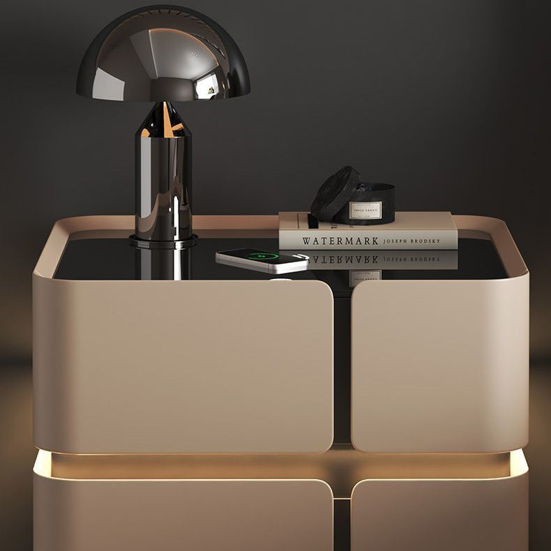 Contemporary Nordic Square Cube Sensor Light Wireless Charging Solid Wood Glass Microfiber Leather Nightstand 2/3 - Drawer For Bedroom