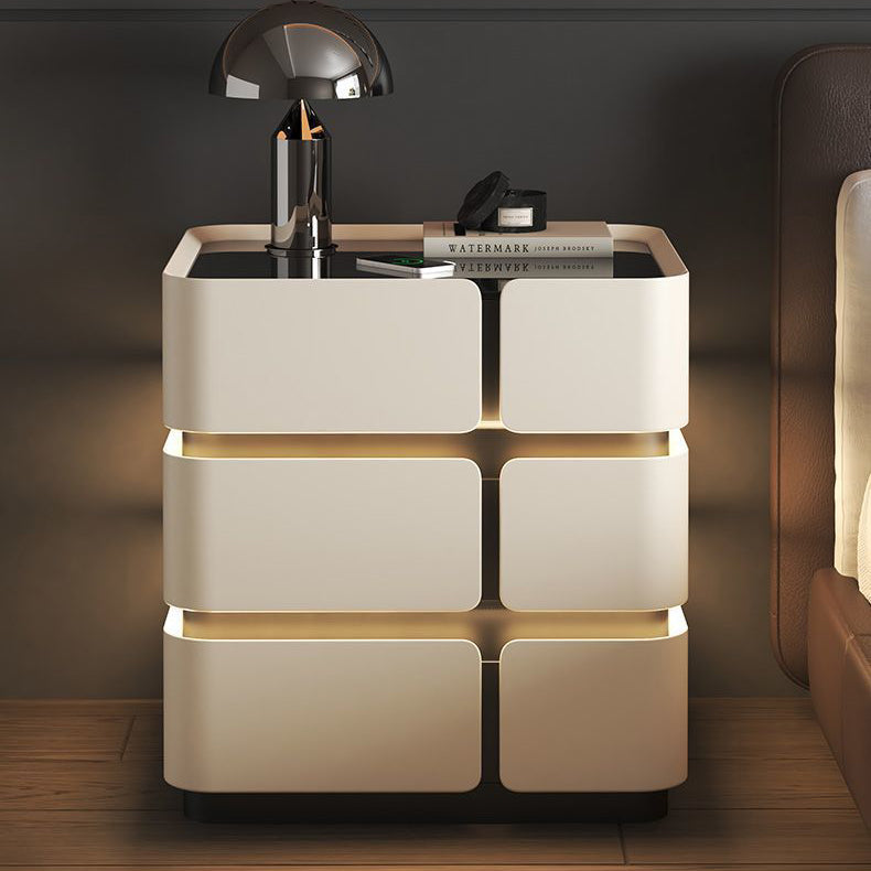 Contemporary Nordic Square Cube Sensor Light Wireless Charging Solid Wood Glass Microfiber Leather Nightstand 2/3 - Drawer For Bedroom