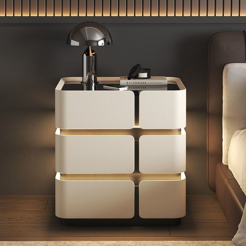 Contemporary Nordic Square Cube Sensor Light Wireless Charging Solid Wood Glass Microfiber Leather Nightstand 2/3 - Drawer For Bedroom