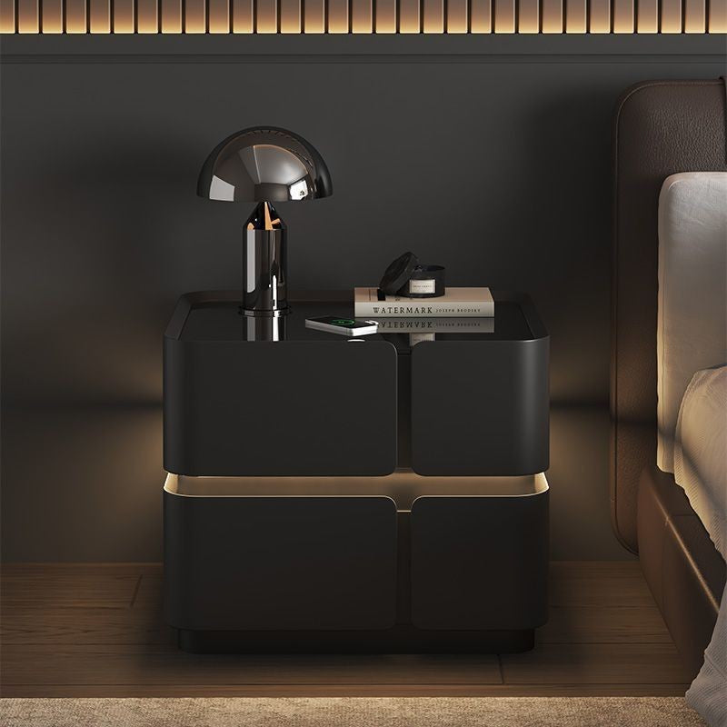 Contemporary Nordic Square Cube Sensor Light Wireless Charging Solid Wood Glass Microfiber Leather Nightstand 2/3 - Drawer For Bedroom