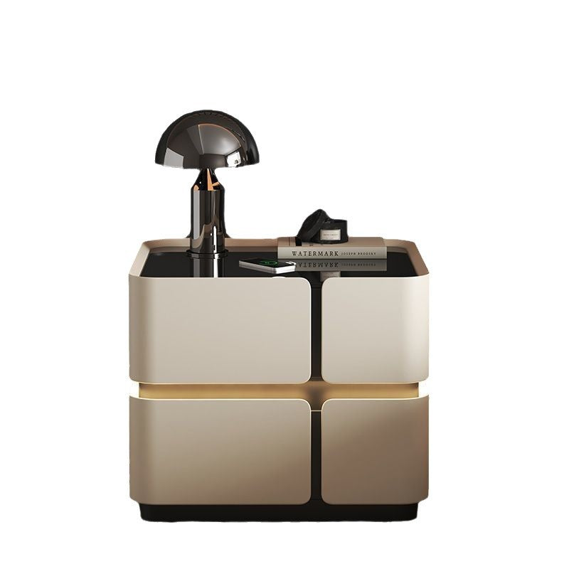 Contemporary Nordic Square Cube Sensor Light Wireless Charging Solid Wood Glass Microfiber Leather Nightstand 2/3 - Drawer For Bedroom
