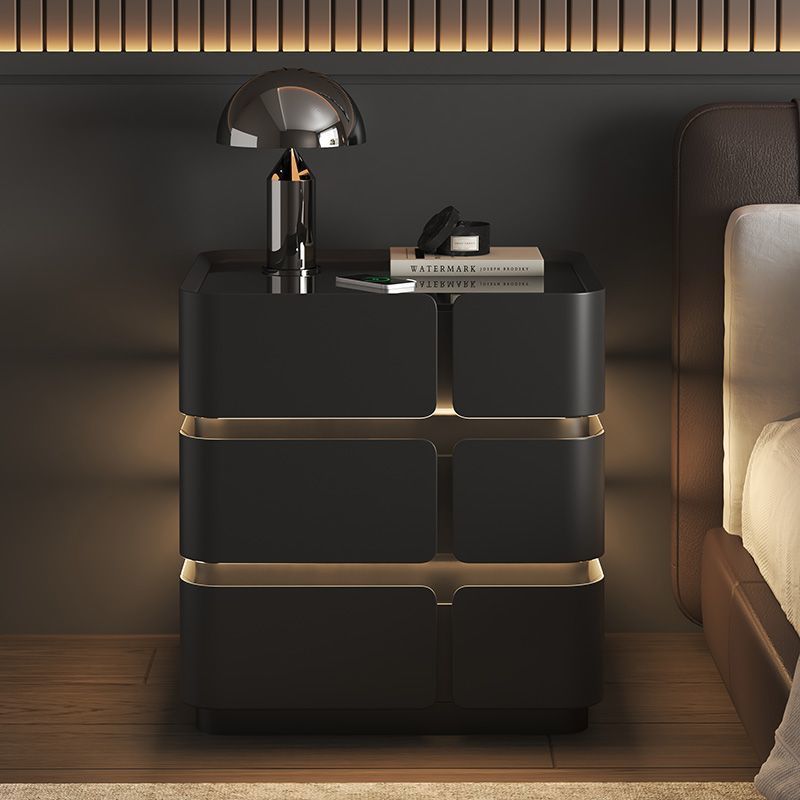 Contemporary Nordic Square Cube Sensor Light Wireless Charging Solid Wood Glass Microfiber Leather Nightstand 2/3 - Drawer For Bedroom