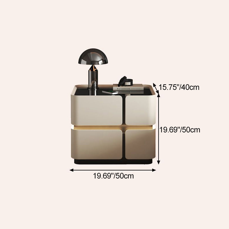 Contemporary Nordic Square Cube Sensor Light Wireless Charging Solid Wood Glass Microfiber Leather Nightstand 2/3 - Drawer For Bedroom