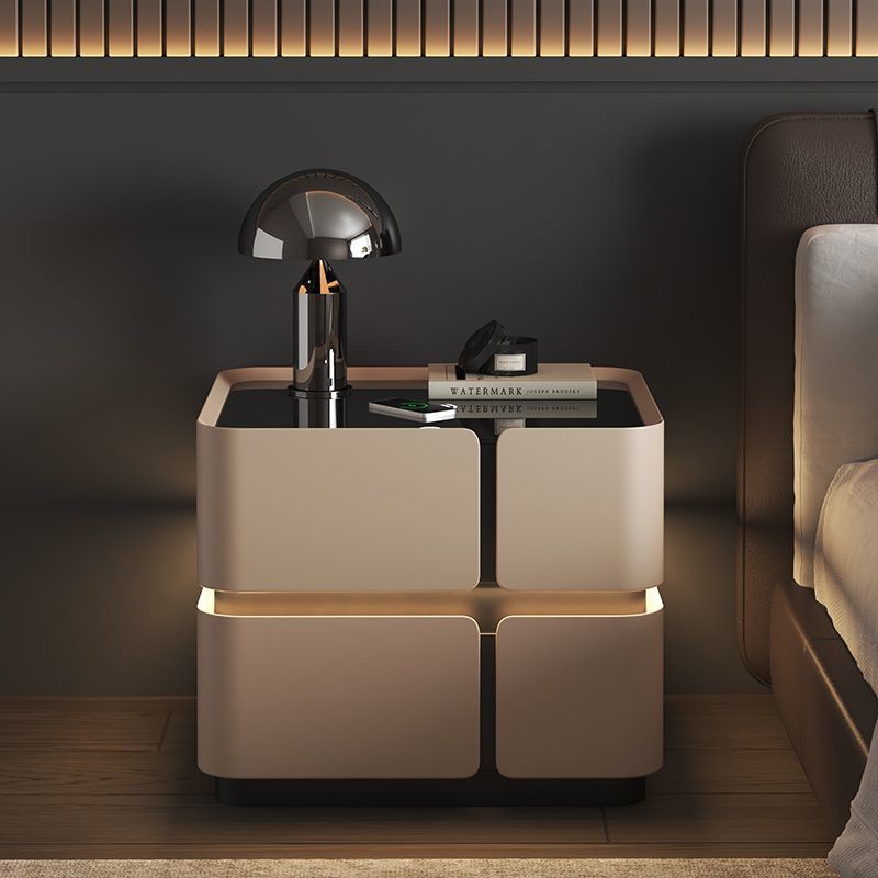 Contemporary Nordic Square Cube Sensor Light Wireless Charging Solid Wood Glass Microfiber Leather Nightstand 2/3 - Drawer For Bedroom