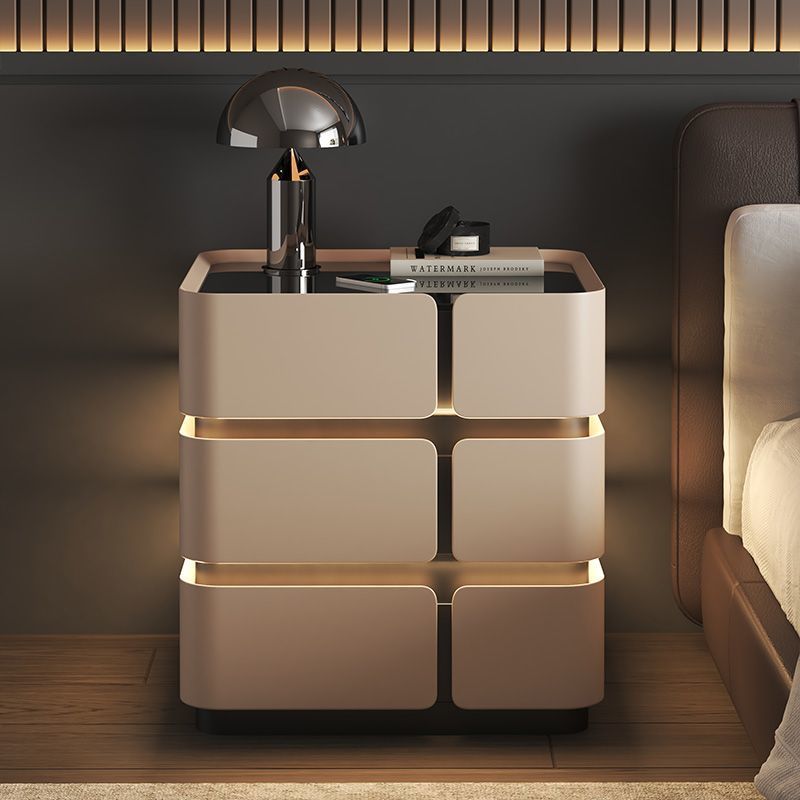 Contemporary Nordic Square Cube Sensor Light Wireless Charging Solid Wood Glass Microfiber Leather Nightstand 2/3 - Drawer For Bedroom