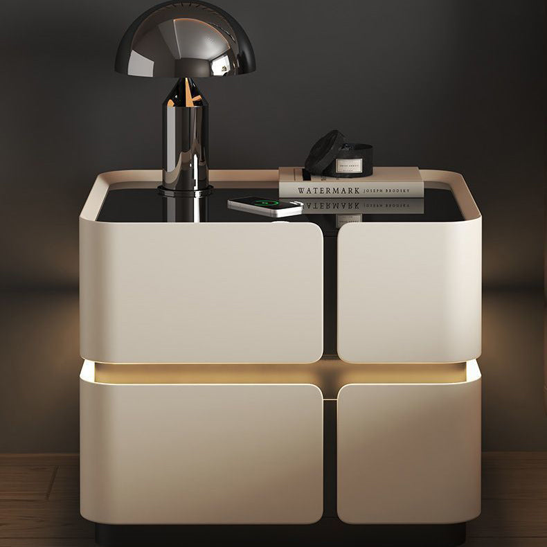 Contemporary Nordic Square Cube Sensor Light Wireless Charging Solid Wood Glass Microfiber Leather Nightstand 2/3 - Drawer For Bedroom