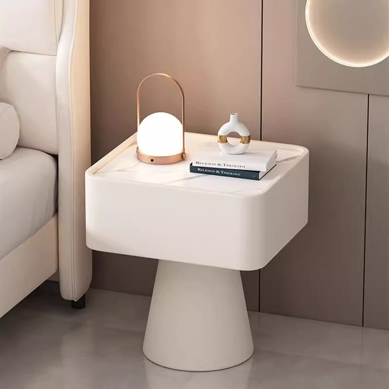 Contemporary Nordic Square Trapezoid Cube Rock Board Pine Synthetic Leather Nightstand 1 - Drawer For Bedroom