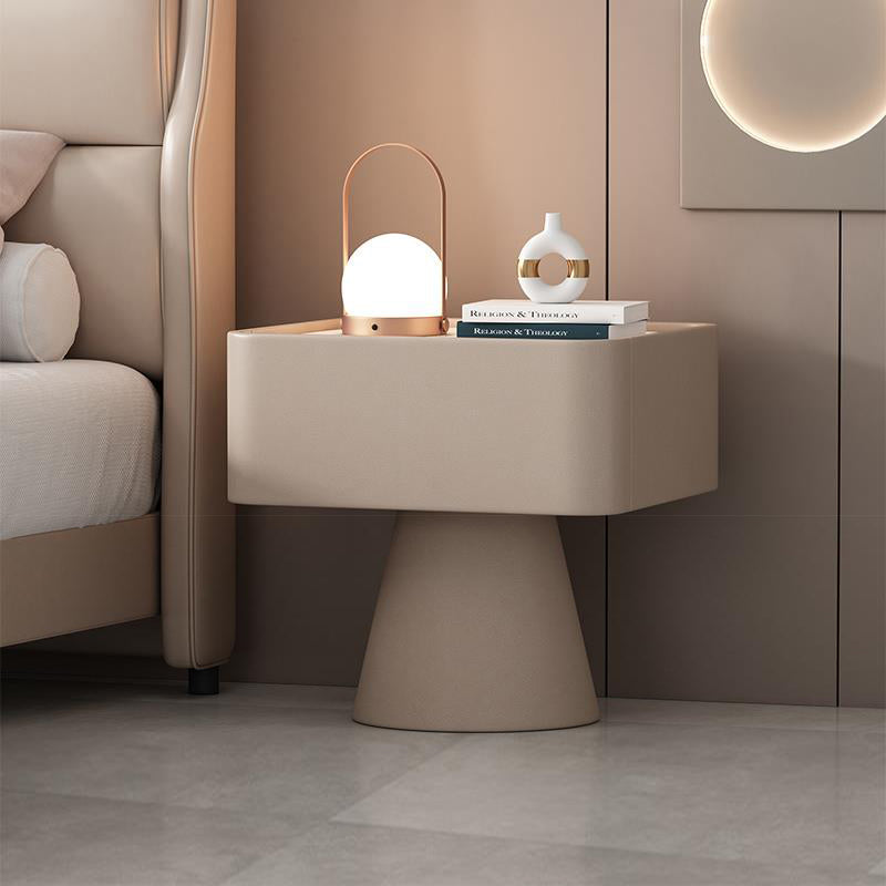 Contemporary Nordic Square Trapezoid Cube Rock Board Pine Synthetic Leather Nightstand 1 - Drawer For Bedroom