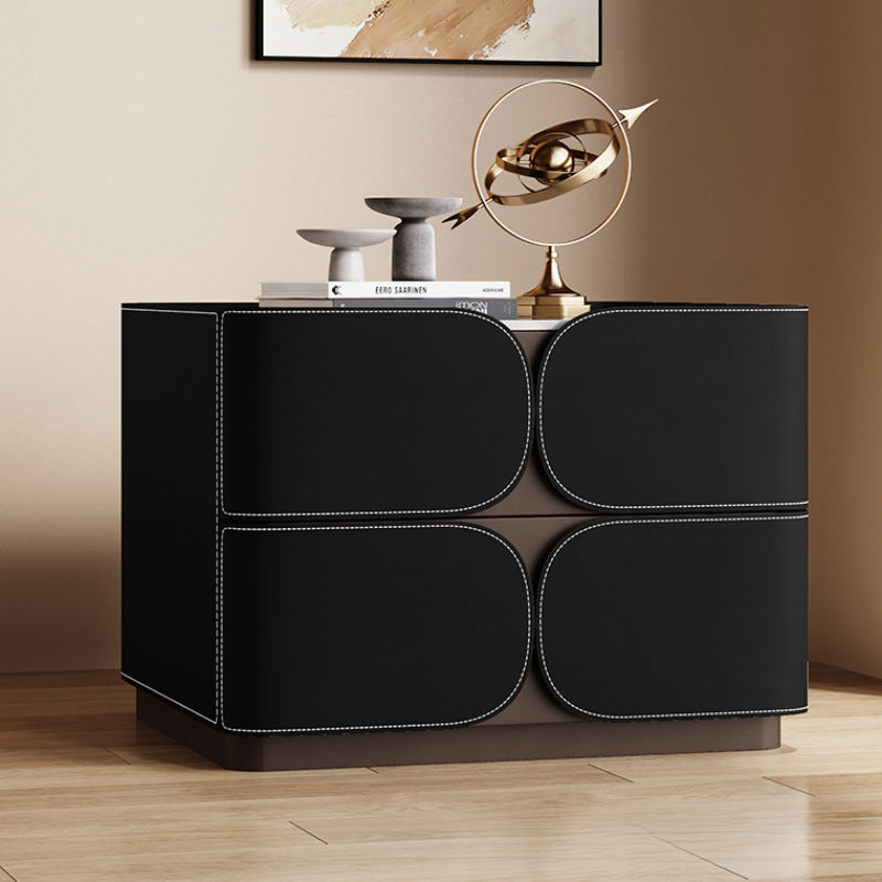 Contemporary Nordic Square Cube Rock Board Faux Saddle Leather Solid Wood Hardware Nightstand 2 - Drawer For Bedroom