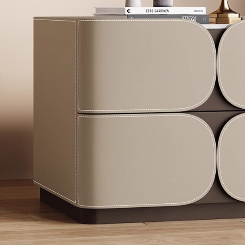 Contemporary Nordic Square Cube Rock Board Faux Saddle Leather Solid Wood Hardware Nightstand 2 - Drawer For Bedroom