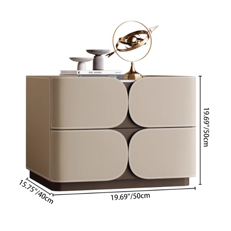 Contemporary Nordic Square Cube Rock Board Faux Saddle Leather Solid Wood Hardware Nightstand 2 - Drawer For Bedroom